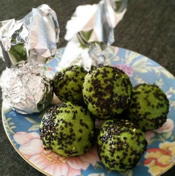 Matcha Black Sesame Protein Balls are a delicious vegan high protein snack that can be made ahead and frozen.