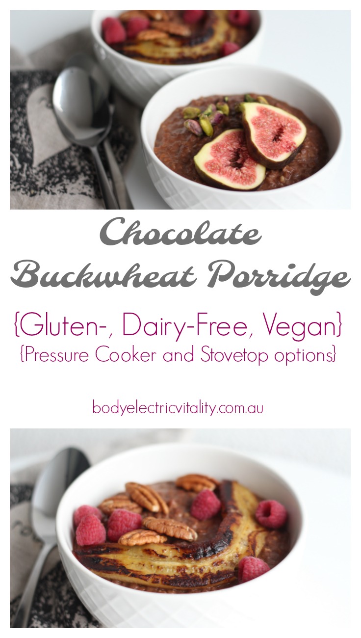 Chocolate Buckwheat Porridge is perfect when you feel like having dessert for breakfast without grabbing something unhealthy. Gluten-free, dairy-free, vegan with pressure cooker or stovetop options.
