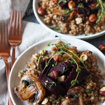 Buckwheat risotto with porcini, thyme, hazelnut and roast beetroot