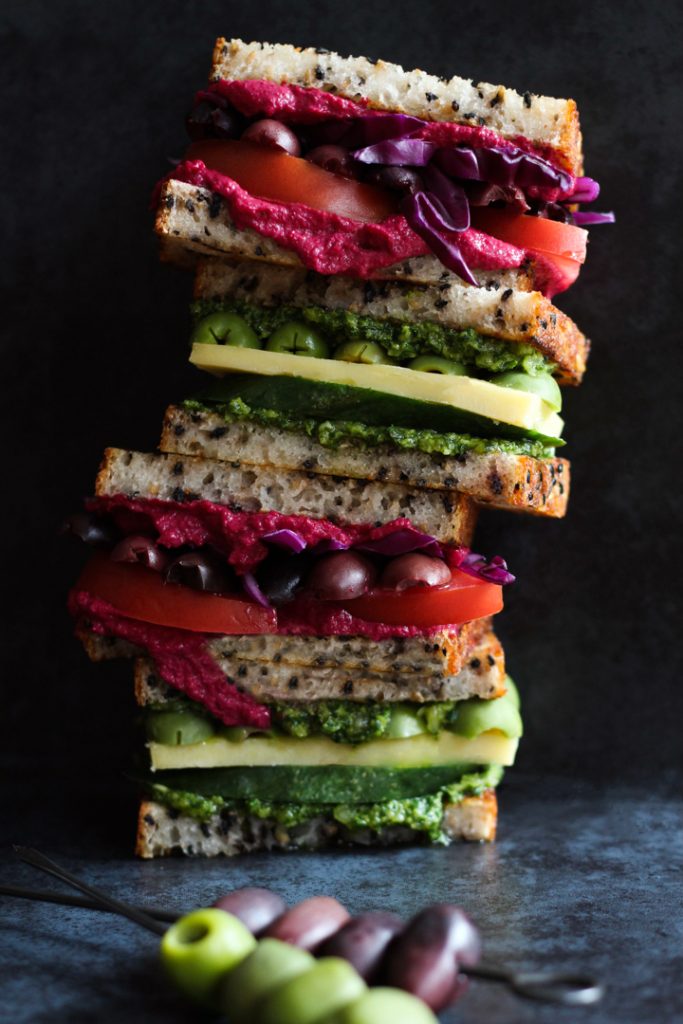 Seed Bread sandwiches stacked in to a tower
