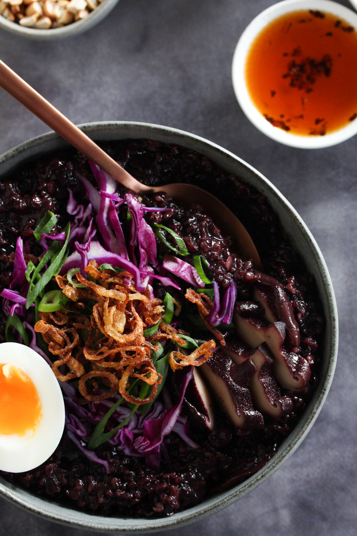 Black Rice Congee with chilli oil on the side