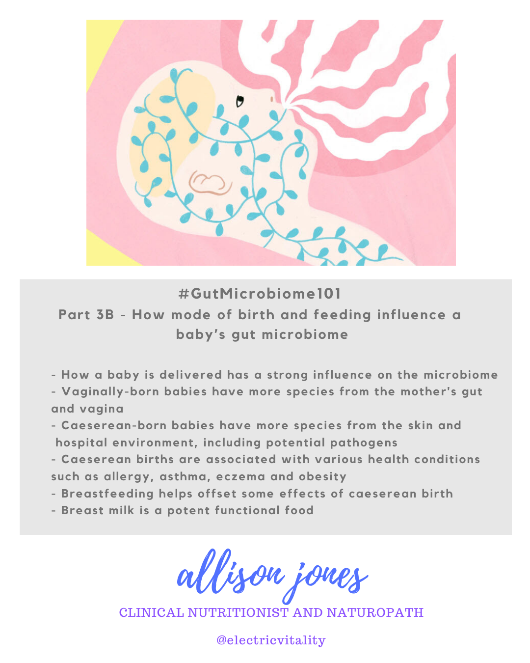 Gut Microbiome 101 graphic - breastfeeding illustration with summary points