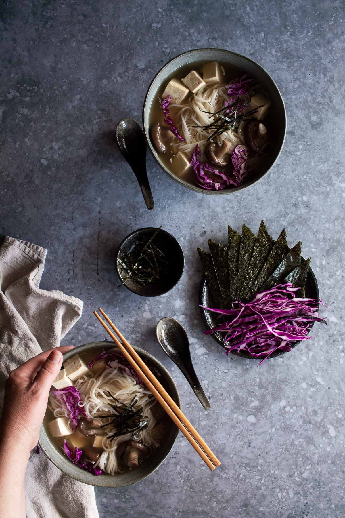 Miso noodle soup with nori and shiitake mushrooms