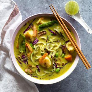 Lemongrass noodle soup served with lime cheek