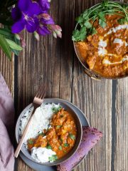Dairy Free Butter Chicken served with purple flatbread and fluffy basmati rice