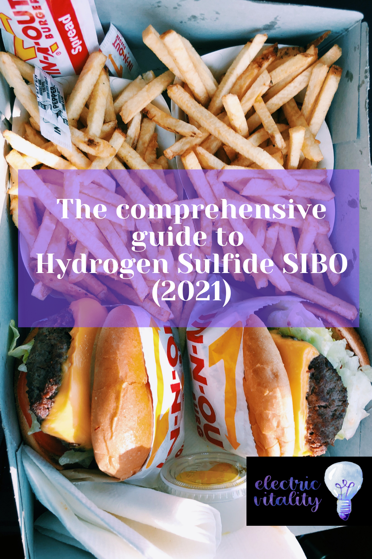 Burger and fries with text overlay: The Comprehensive Guide to Hydrogen Sulfide SIBO (2021)